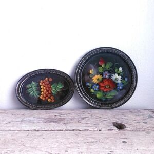 Vintage Black Russian Toleware Tip Trays – Hand Painted Floral – Set of 2